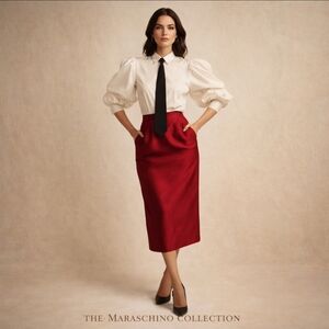 Vintage Talbots Red Silk Pencil Skirt | 14P